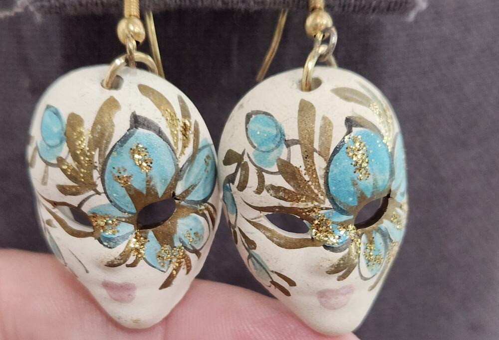 Ceramic Blue Gold Hand Painted Face Mask Dangle Earrings 2.5" Lightweight